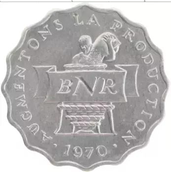 Монета 2 франка Руанды 1970 года Алюминий