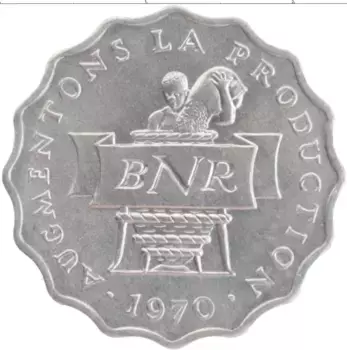 Монета 2 франка Руанды 1970 года Алюминий