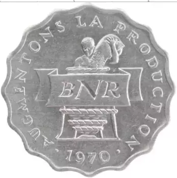 Монета 2 франка Руанды 1970 года Алюминий ФАО