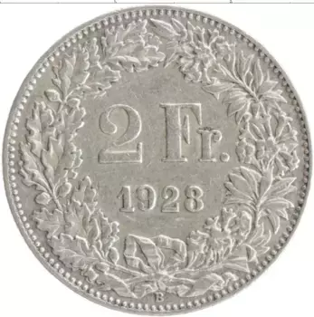 Монета 2 франка Швейцарии 1928 года Серебро