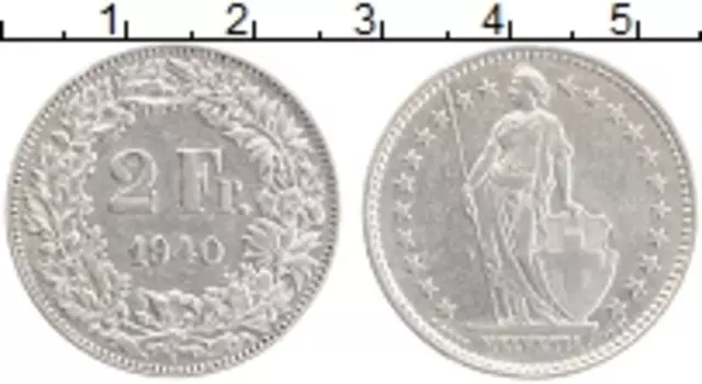 Монета 2 франка Швейцарии 1940 года Серебро