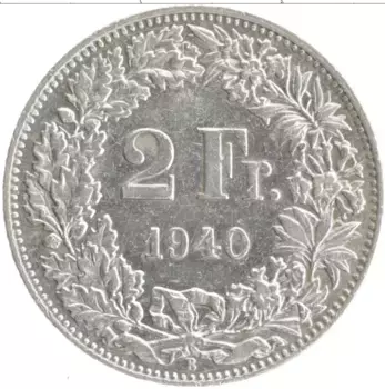 Монета 2 франка Швейцарии 1940 года Серебро Республика