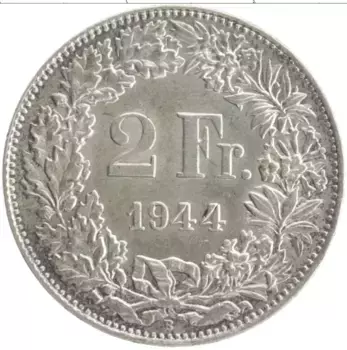Монета 2 франка Швейцарии 1944 года Серебро
