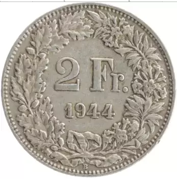 Монета 2 франка Швейцарии 1944 года Серебро