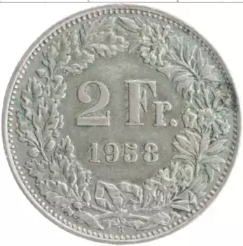 Монета 2 франка Швейцарии 1958 года Серебро
