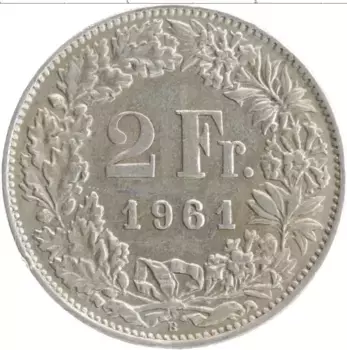 Монета 2 франка Швейцарии 1961 года Серебро