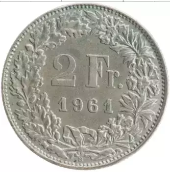 Монета 2 франка Швейцарии 1961 года Серебро