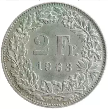 Монета 2 франка Швейцарии 1963 года Серебро