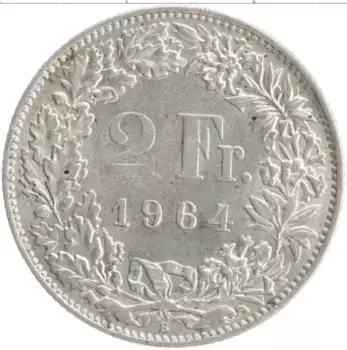 Монета 2 франка Швейцарии 1964 года Серебро