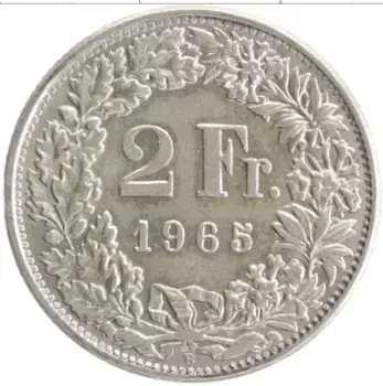 Монета 2 франка Швейцарии 1965 года Серебро