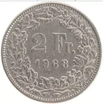 Монета 2 франка Швейцарии 1968 года Медно-никель