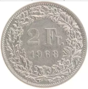 Монета 2 франка Швейцарии 1968 года Медно-никель