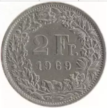 Монета 2 франка Швейцарии 1969 года Медно-никель