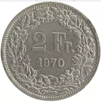 Монета 2 франка Швейцарии 1970 года Медно-никель