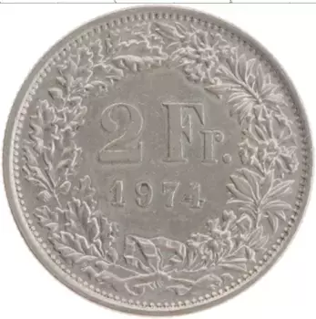 Монета 2 франка Швейцарии 1974 года Медно-никель