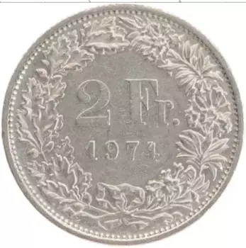 Монета 2 франка Швейцарии 1974 года Медно-никель