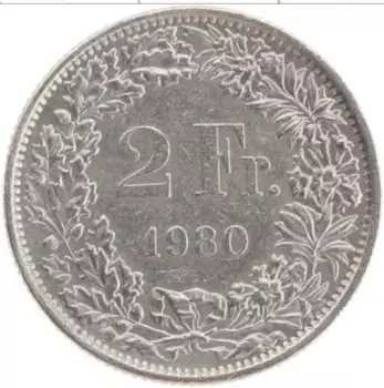 Монета 2 франка Швейцарии 1980 года Медно-никель Республика