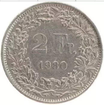 Монета 2 франка Швейцарии 1980 года Медно-никель