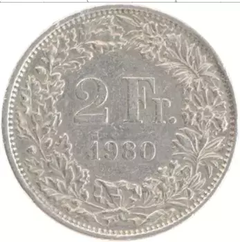 Монета 2 франка Швейцарии 1980 года Медно-никель
