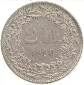 Монета 2 франка Швейцарии 1980 года Медно-никель