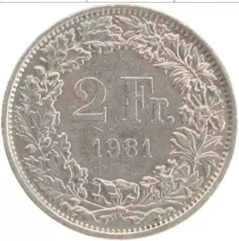 Монета 2 франка Швейцарии 1981 года Медно-никель