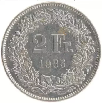 Монета 2 франка Швейцарии 1985 года Медно-никель