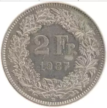 Монета 2 франка Швейцарии 1987 года Медно-никель