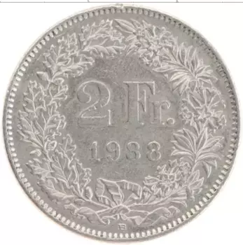 Монета 2 франка Швейцарии 1988 года Медно-никель