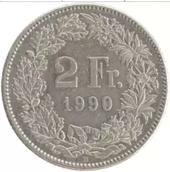 Монета 2 франка Швейцарии 1990 года Медно-никель