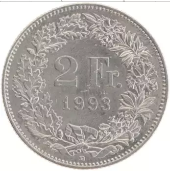 Монета 2 франка Швейцарии 1993 года Медно-никель