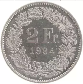 Монета 2 франка Швейцарии 1994 года Медно-никель Республика