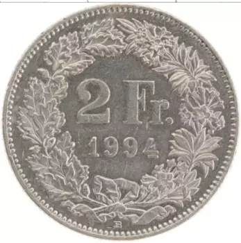 Монета 2 франка Швейцарии 1994 года Медно-никель