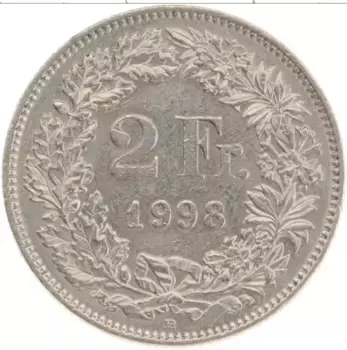 Монета 2 франка Швейцарии 1998 года Медно-никель