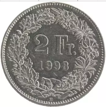 Монета 2 франка Швейцарии 1998 года Медно-никель