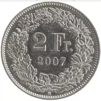 Монета 2 франка Швейцарии 2007 года Медно-никель