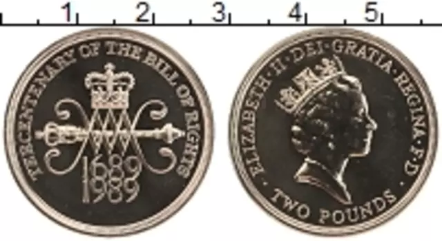 Монета 2 фунта Англии 1989 года Латунь 300 лет билю о правах