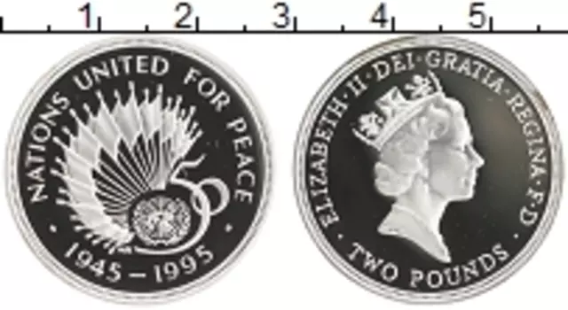 Монета 2 фунта Англии 1995 года Серебро 50 лет ООН