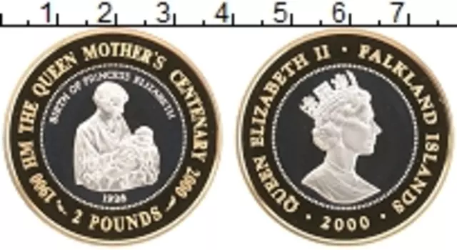 Монета 2 фунта Фолклендских островов 2000 года Серебро 100 лет Королеве-матери