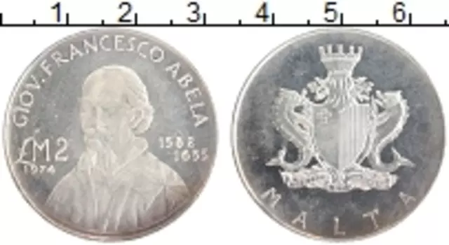 Монета 2 фунта Мальты 1974 года Серебро Джованни Франческо Абела