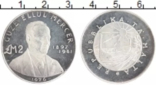 Монета 2 фунта Мальты 1976 года Серебро Газ Эллул Мерсер