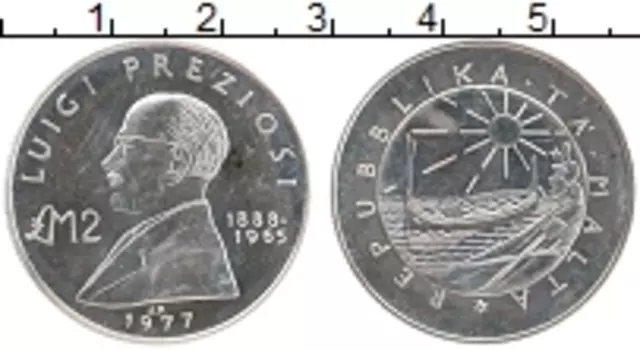 Монета 2 фунта Мальты 1977 года Серебро Луиджи Прециози