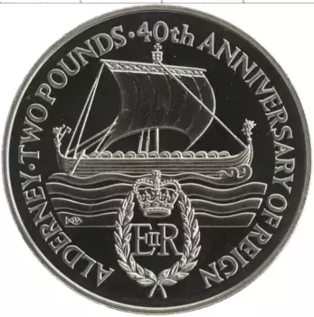 Монета 2 фунта Олдерни 1992 года Медно-никель 40 лет Правления королевы Елизаветы II