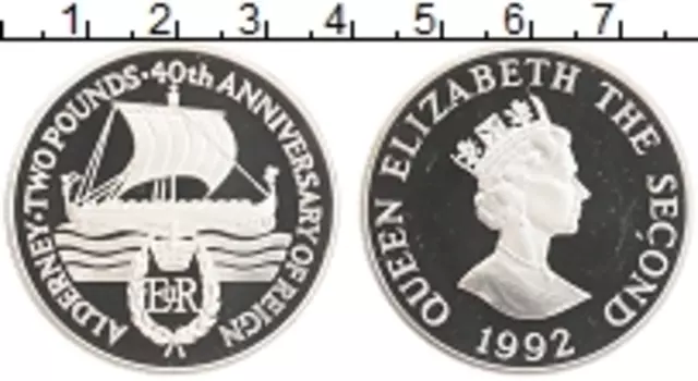 Монета 2 фунта Олдерни 1992 года Серебро 40 лет правления королевы Елизаветы II, Пьедфорт