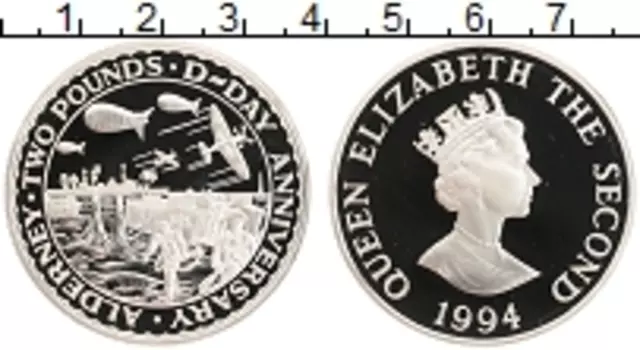 Монета 2 фунта Олдерни 1994 года Серебро 50 лет высадке в Нормандии