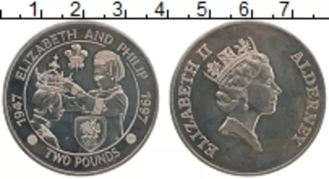 Монета 2 фунта Олдерни 1997 года Медно-никель 50 лет свадьбы Королевы Елизаветы II и принца Филиппа