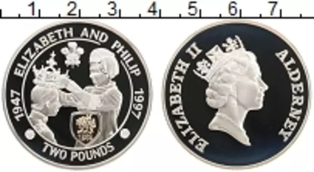 Монета 2 фунта Олдерни 1997 года Серебро 50 лет свадьбы Королевы Елизаветы II и принца Филиппа