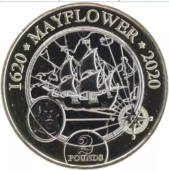 Монета 2 фунта Острова Мэн 2020 года Биметалл 400 лет Путешествия Майфлауэр в Новый Свет