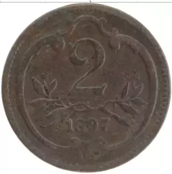 Монета 2 геллера Австрии 1897 года Бронза