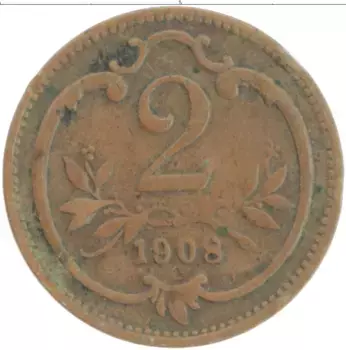 Монета 2 геллера Австрии 1908 года Бронза