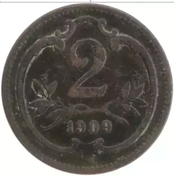 Монета 2 геллера Австрии 1909 года Бронза